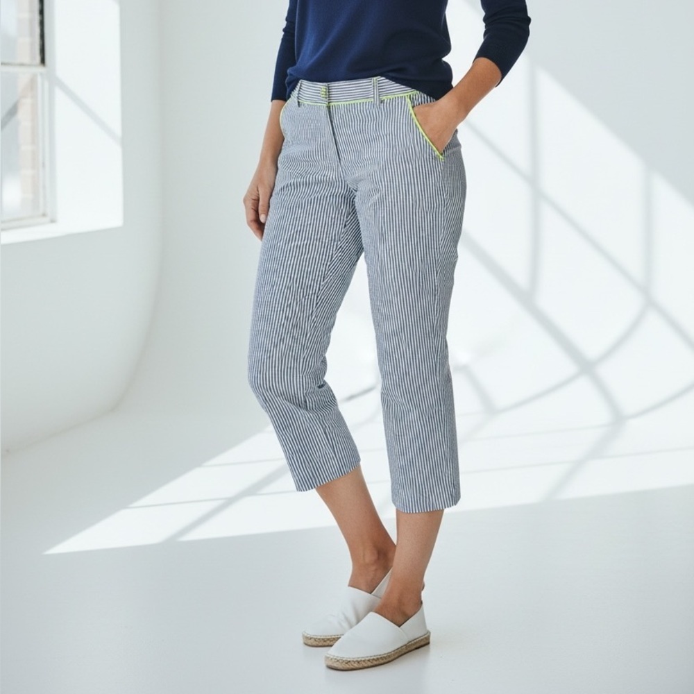 J.Crew Seersucker Crop Pants Women 6 Gray White Neon Yellow Striped